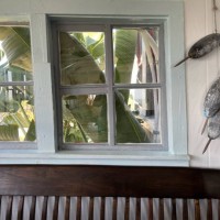 tropical plants through a beach bungalow window. - home decoration stock pictures, royalty-free photos & images