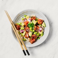 tuna and avocado poke bowl - food stock pictures, royalty-free photos & images