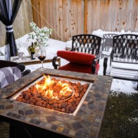 turning the backyard patio into a winter relaxation space - garden decoration stock pictures, royalty-free photos & images