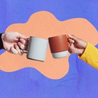 two coffee mugs touching - coffee stock pictures, royalty-free photos & images
