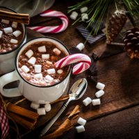 two homemade hot chocolate mugs with marshmallows on rustic wooden christmas table - home decoration stock pictures, royalty-free photos & images