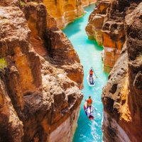 two people on stand up paddleboards in havasu creek, arizona. - travel stock pictures, royalty-free photos & images