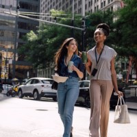two women office workers crossing the street in manhattan with take away food for lunch break - junk food stock pictures, royalty-free photos & images
