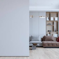 una gran pared blanca en blanco frente a una sala de estar contemporánea con un gran sofá, sillón y mesa de café frente a un armario empotrado con estanterías y decoración, y ventanas al otro lado - home decoration fotografía