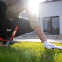 unrecognizable caucasian gardener using pruning shears to cut the grass - garden decoration stock pictures, royalty-free photos & images