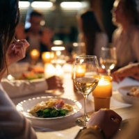 unrecognizable multiracial female and male friends, having the dinner at the restaurant balcony - food stock pictures, royalty-free photos & images