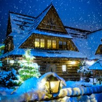 vacations in poland - regional style pub in winter in zakopane - garden decoration stock pictures, royalty-free photos & images