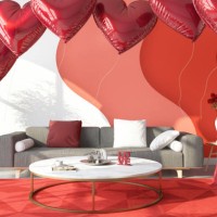 valentine's day concept with a red room full of heart shaped balloons - home decoration stock pictures, royalty-free photos & images