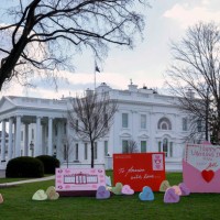 Valentines Day decorations sit on display on the North Lawn of the White House on February 14, 2024 in Washington, DC. First lady Jill Biden...