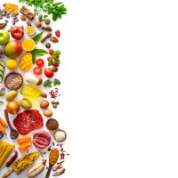 varied food carbohydrates protein vegetables fruits dairy legumes on white - food stock pictures, royalty-free photos & images