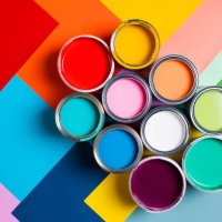 various bright paints on colorful background - home decoration stock pictures, royalty-free photos & images