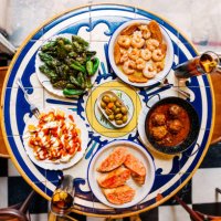various tapas served in a tapas bar, directly above view - food stock pictures, royalty-free photos & images