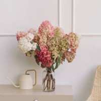 vase of hydrangea flowers on a sideboard with a watering can - home decoration stock pictures, royalty-free photos & images