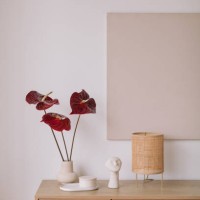 vase with anthurium flowers and ornaments on a wooden sideboard with blank artwork on the wall - fashion stock pictures, royalty-free photos & images