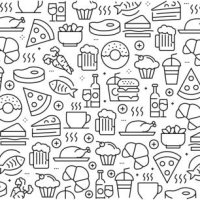 vector set of design templates and elements for food and drink in trendy linear style - seamless patterns with linear icons related to food and drink - vector - food stock illustrations