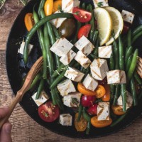 vegan meal, cooking green beans salad with grilled tofu - food stock pictures, royalty-free photos & images