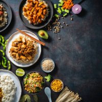 vegan plant based asian food recipes with rice and brown rice as - food stock pictures, royalty-free photos & images