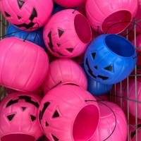 vibrant pink and blue plastic halloween baskets - home decoration stock pictures, royalty-free photos & images