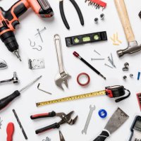 view from above tools on white background - knolling - home decoration stock pictures, royalty-free photos & images
