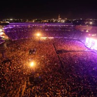 View from the roof as Six60 perform at Eden Park on April 24, 2021 in Auckland, New Zealand. The historic first concert to be held at Eden Park is...