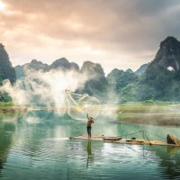 view of fishermen fishing on river in thung mountain in tra linh, cao bang province, vietnam with lake, cloudy, nature - travel stockfoto's en -beelden