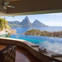 view of st. lucian twin pitons from jade mountain - travel stock pictures, royalty-free photos & images