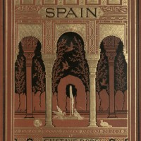 vintage book cover illustration for spain by gustave dore, moorish architecture, arches, garden - garden decoration stock illustrations