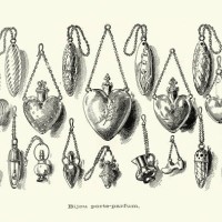 vintage illustration victorian perfume holder jewelry, necklaces, heart shaped, 1890s, 19th century - fashion stock illustrations