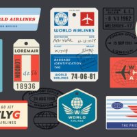 vintage travel luggage tags labels and passport stamps - travel stock illustrations