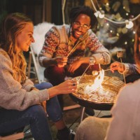 vrienden roosteren marshmallows in de achtertuin - garden decoration stockfoto's en -beelden