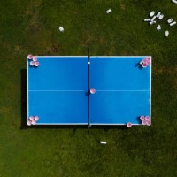 vue aérienne des conséquences d’une partie de pong de bière - garden decoration photos et images de collection