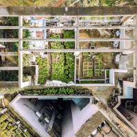 vue de point de drone du potager sur le toit - garden decoration photos et images de collection