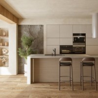 wabi sabi style kitchen with cabinets, kitchen island, potted plant and parquet floor - home decoration stock pictures, royalty-free photos & images