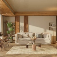 wabi sabi style living room with sofa, wicker chairs, coffee table, potted plant and parquet floor - home decoration stock pictures, royalty-free photos & images
