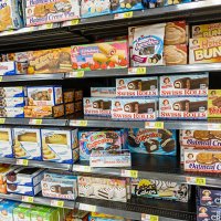 Walmart shelves selling junk food.