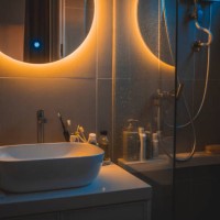 warm light cozy interior of bathroom with mirror reflection and sink basin - home decoration stock pictures, royalty-free photos & images