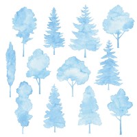 watercolor blue winter trees set - garden decoration stock illustrations