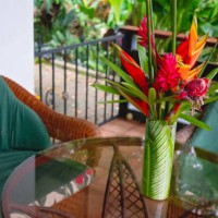 wicker garden set with tropical flowers on deck overlooking lush jungle - garden decoration stockfoto's en -beelden