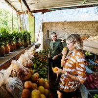 wide shot of smiling woman smelling fruit while shopping at local market during vacation - travel stock pictures, royalty-free photos & images
