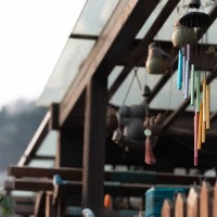 wind chimes in the rest pavilion - garden decoration stock pictures, royalty-free photos & images