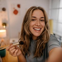 woman applying make-up with brush and recording vlog - fashion stock pictures, royalty-free photos & images