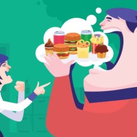 woman blaming fat man who thinking and eating junk food - food stock illustrations