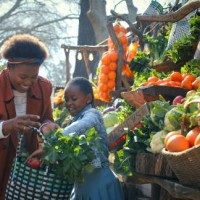 woman, child and grocery shopping at market of vegetables, choice and ingredients of healthy food. smile, family and basket with organic decision, nutrition product and bonding together for meal prep - food stock pictures, ro