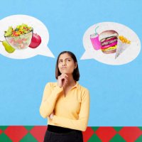woman choosing between healthy food and junk food - junk food stock pictures, royalty-free photos & images