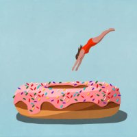woman diving into large sprinkled donut - junk food stock illustrations