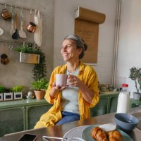 woman having a first morning coffee in the kitchen - coffee stock pictures, royalty-free photos & images