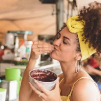 woman holding a bowl with acai at belem do para - food stock pictures, royalty-free photos & images