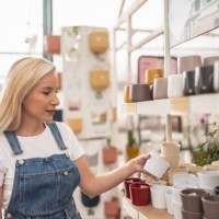 woman in garden store chooses pots and pots for her plants in shopping mall, greenhouse site - garden decoration stockfoto's en -beelden
