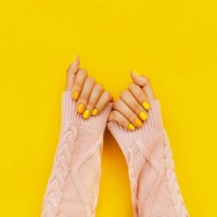 woman in sweater with colorful manicure. trending bright backdrop of the year. perfect nails concept - nails art stock pictures, royalty-free photos & images