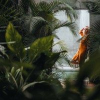 woman leaning on a gray concrete wall surrounded by green tropical palm leaves, by the pool. - fashion stock pictures, royalty-free photos & images